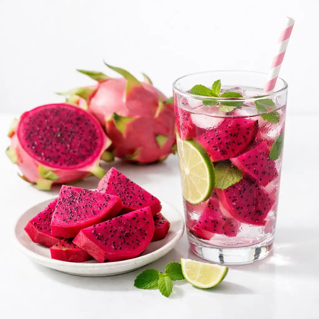 Dragon fruit detox water in a minimalist wellness setting