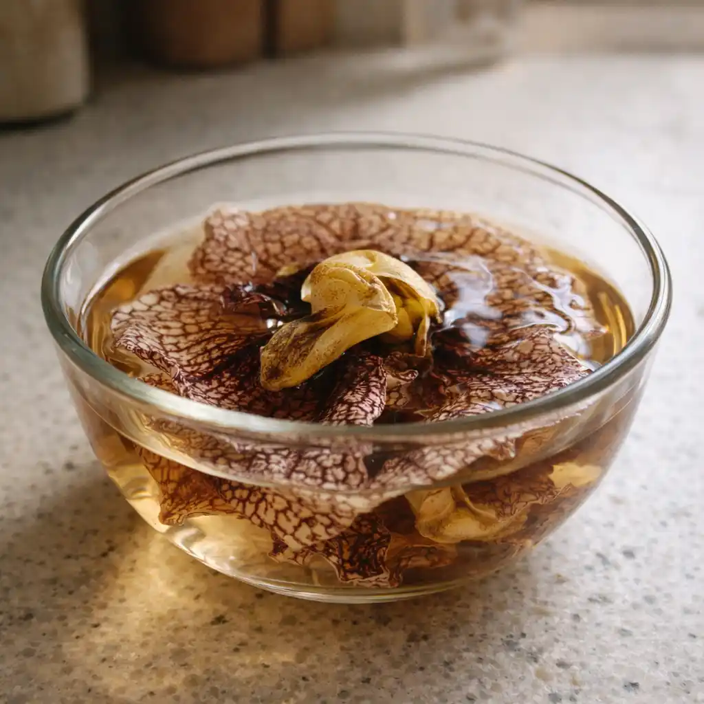 Close-up of dried duck flower soaking in warm water in glass bowl on kitchen counter in natural morning light