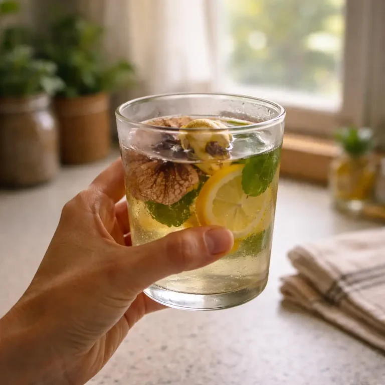 Hand holding duck flower detox infusion in frosty glass near sunny kitchen window with cozy morning light