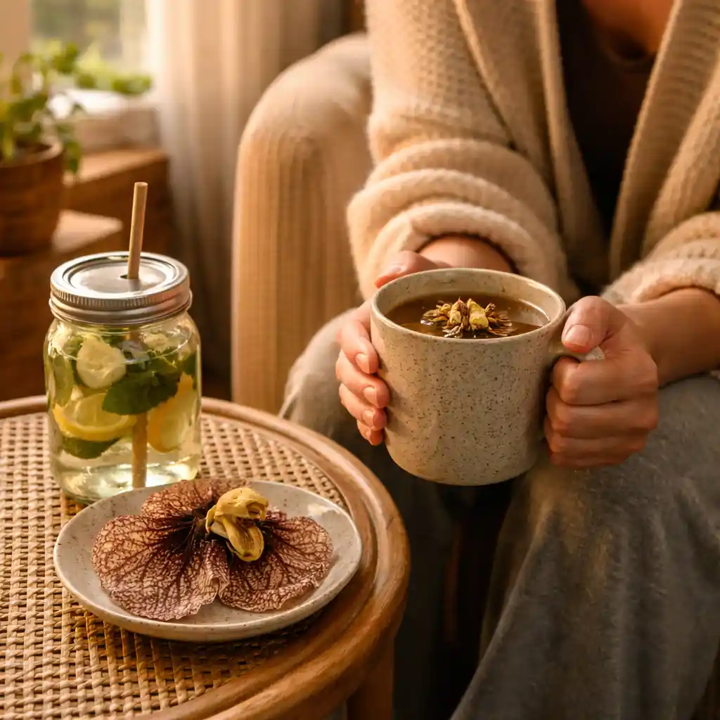 Person in cozy cardigan holding warm duck flower detox tea mug in relaxed living room evening light
