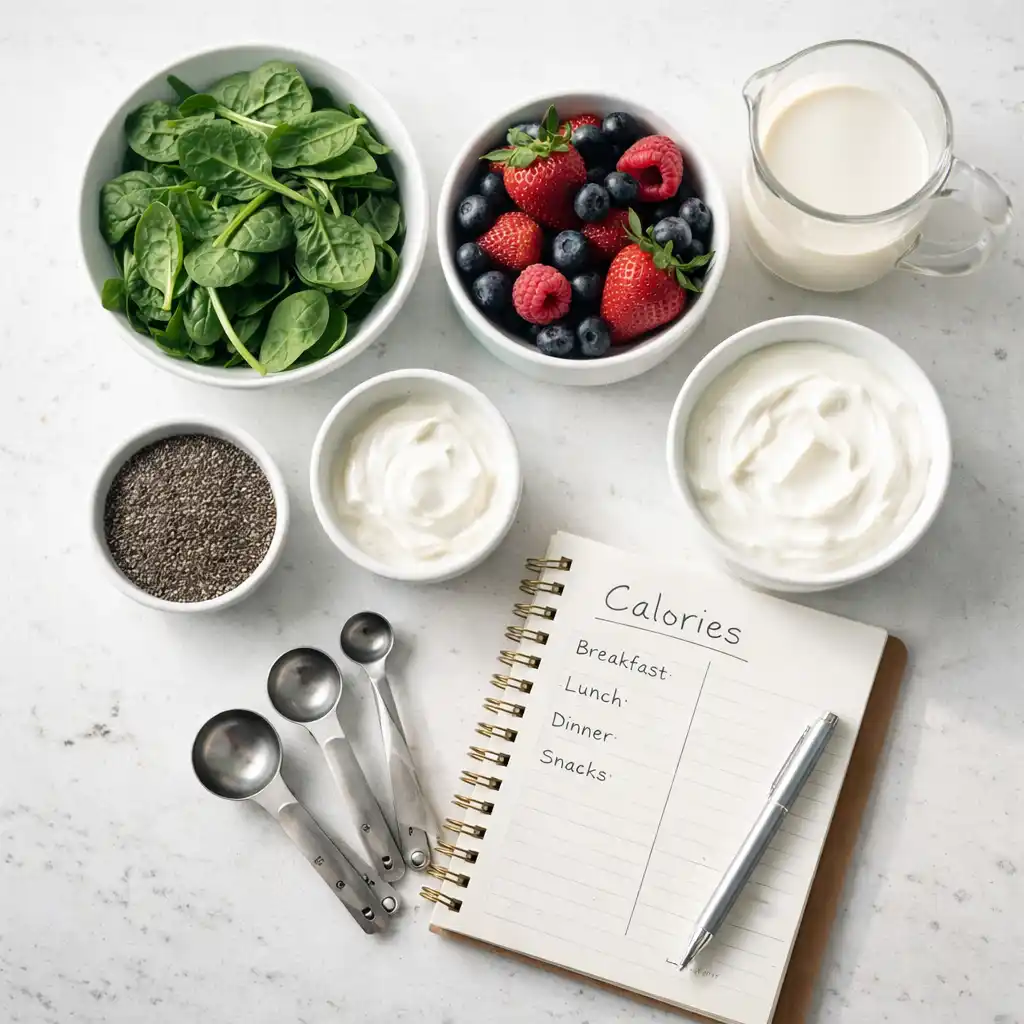 flat-lay-smoothie-ingredients-healthy-wellness flat lay of smoothie ingredients including spinach, berries, chia seeds, greek yogurt and almond milk on bright countertop