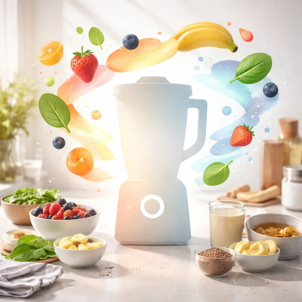 Lifestyle editorial scene showing smoothie planning and morning routine elements