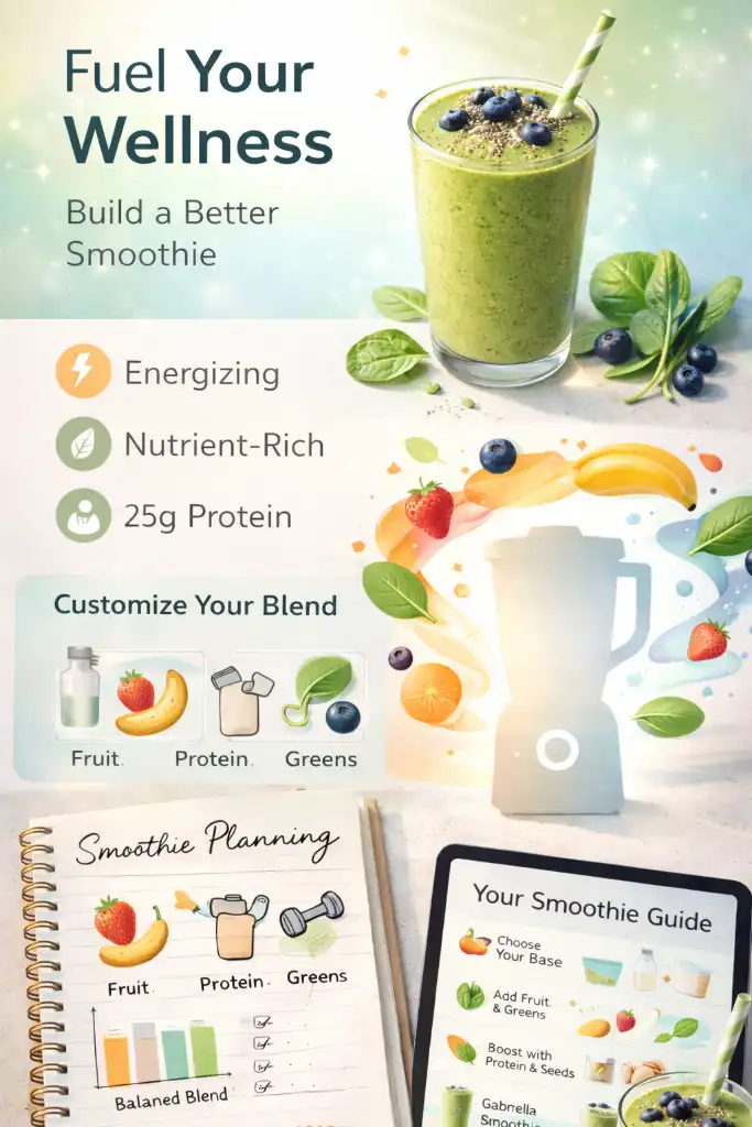 Vertical Pinterest-style wellness collage promoting the Gabriela Smoothie concept