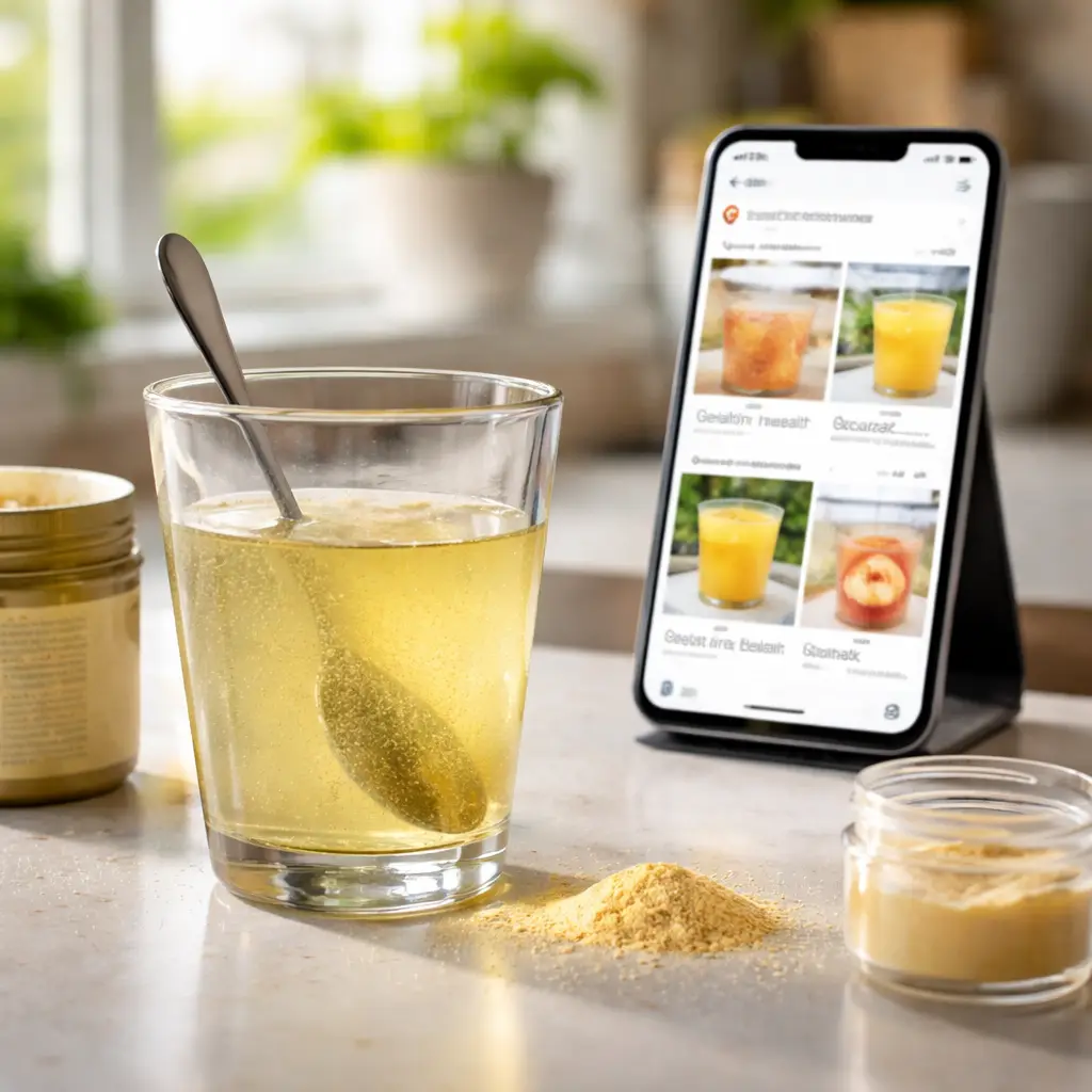 gelatin trick recipe scam exposed_Glass of dissolved gelatin on kitchen counter with smartphone showing viral wellness posts in background