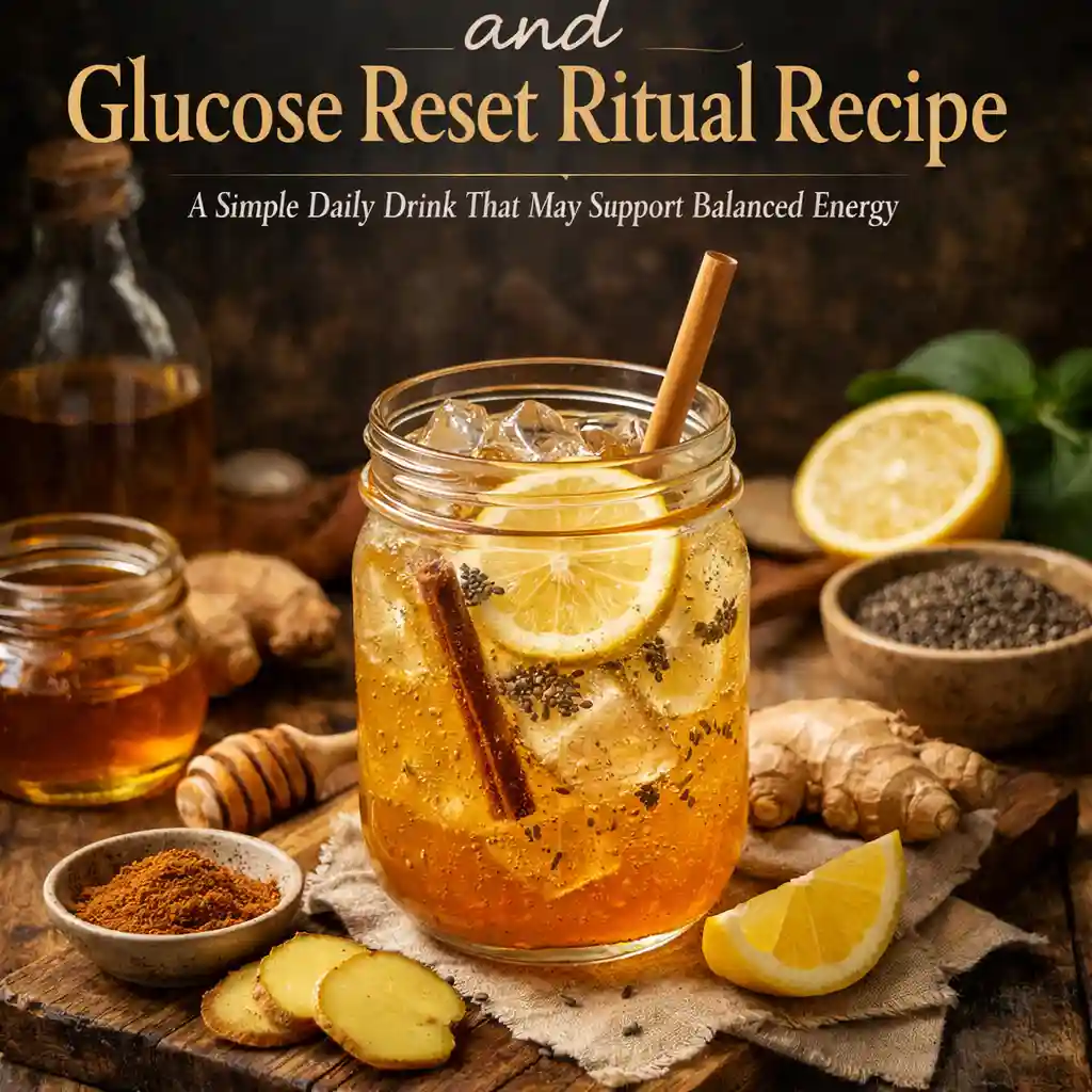 Glass of Glucose Reset Ritual Recipe with lemon, cinnamon, and chia seeds