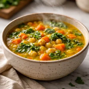 Bowl of golden immunity stew recipe with chickpeas and leafy greens