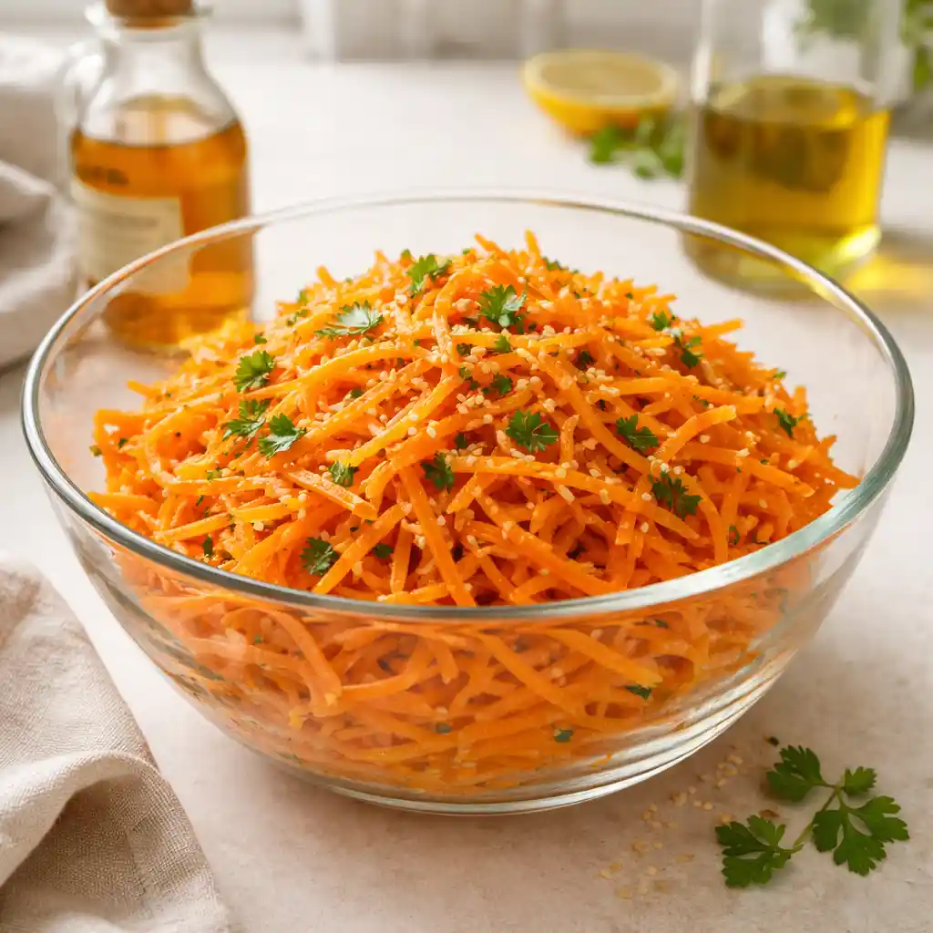 Close-up grated carrot salad with apple cider vinegar and olive oil in glass bowl, fiber-rich texture in bright kitchen