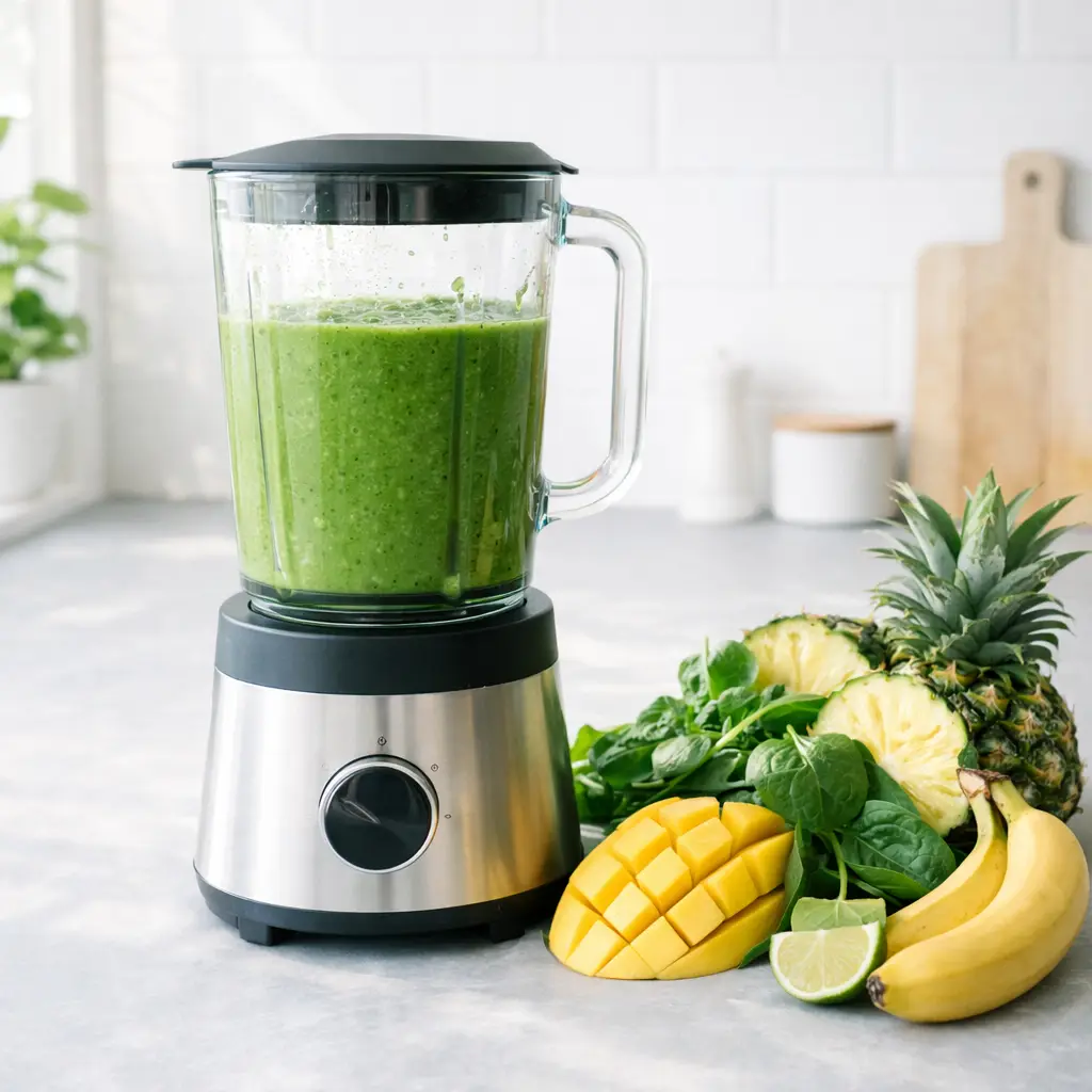 Blender filled with green smoothie on modern kitchen counter with tropical fruits and spinach