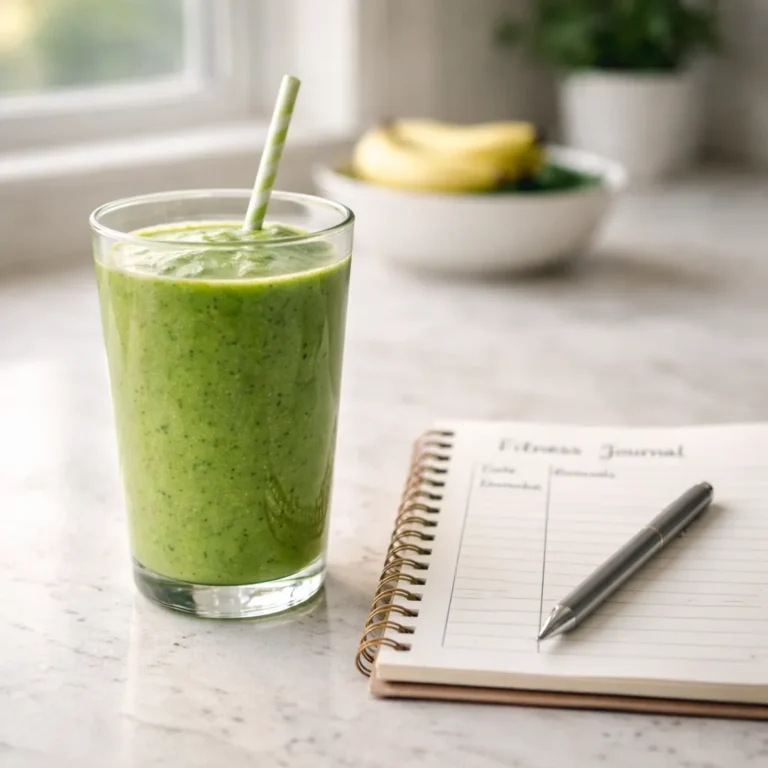 close-up of green smoothie glass on kitchen table with fitness journal and pen in soft natural light