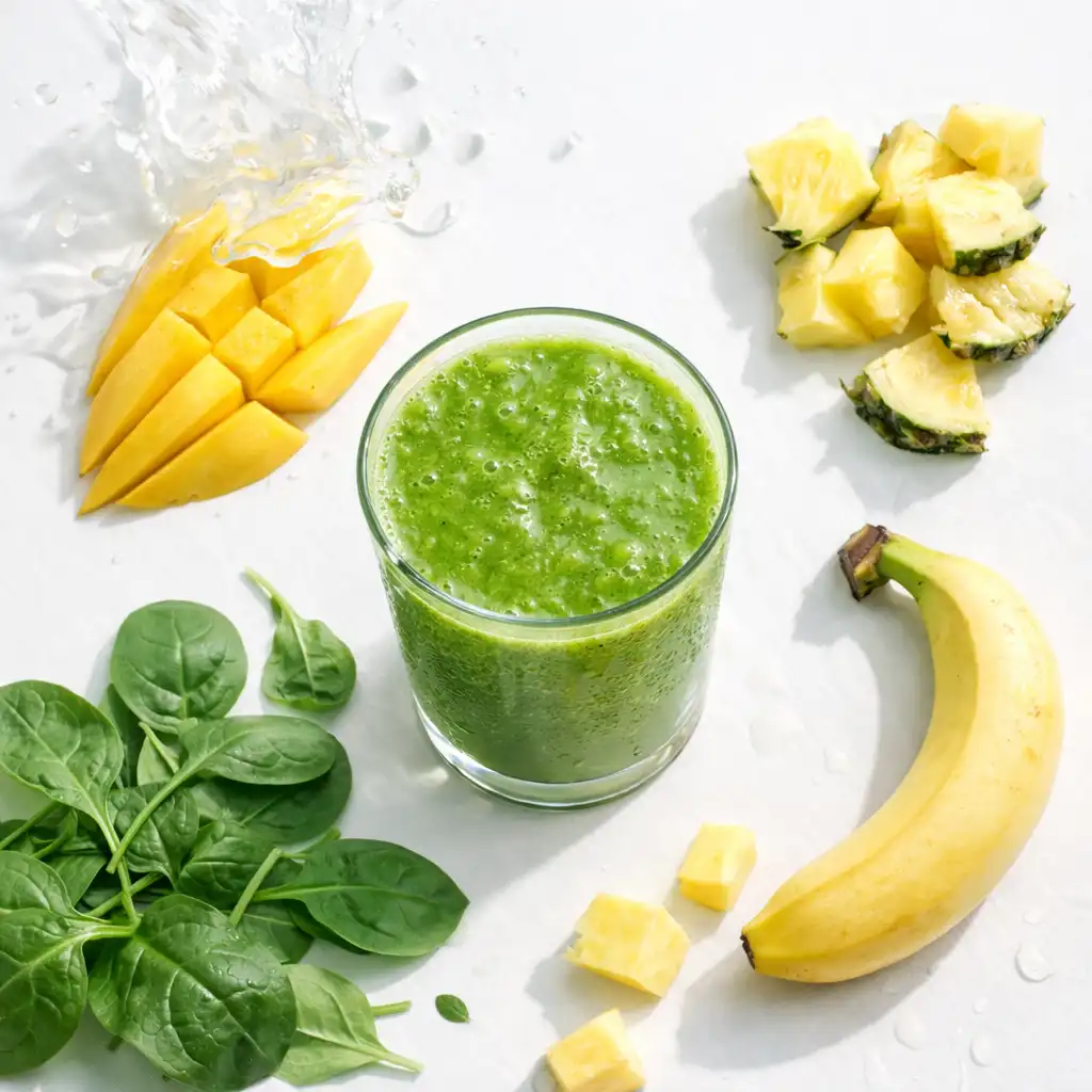 island green detox tropical smoothie_Flat lay of green tropical smoothie with mango, pineapple, banana and fresh spinach