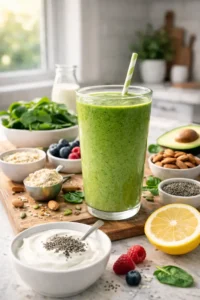 vertical image of vibrant green weight loss smoothie in clear glass with healthy ingredients in bright kitchen