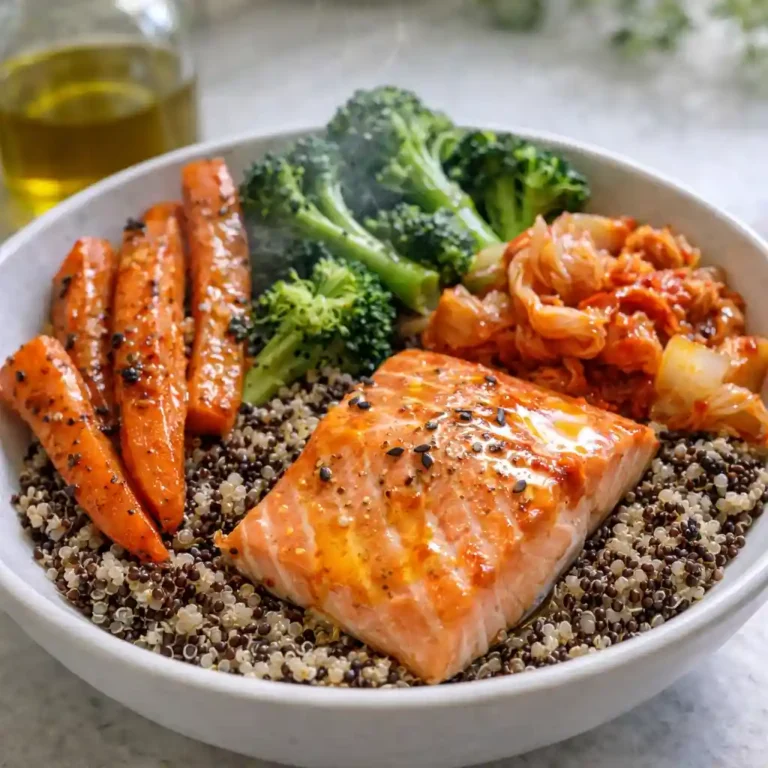 Quinoa bowl with roasted vegetables, grilled salmon, and kimchi for gut health