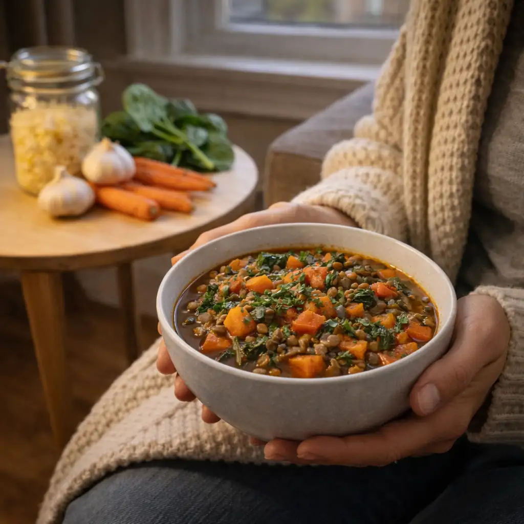 Person holding lentil and vegetable stew with sauerkraut in cozy living room