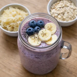 Probiotic smoothie with chia seeds, blueberries, and banana in a glass jar