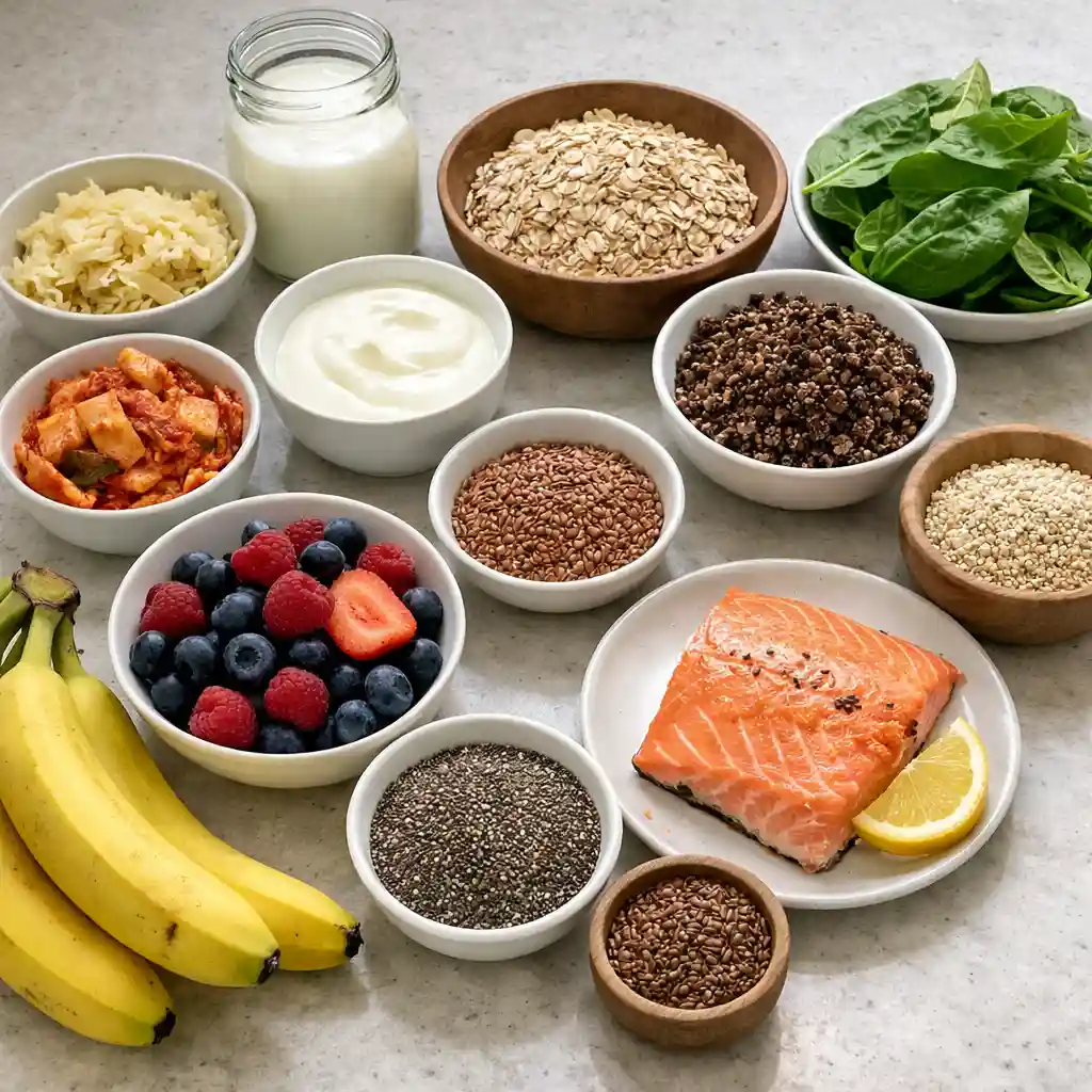 gut health recipe_Assorted gut-friendly foods including kefir, sauerkraut, oats, chia seeds, berries, and salmon on a light table