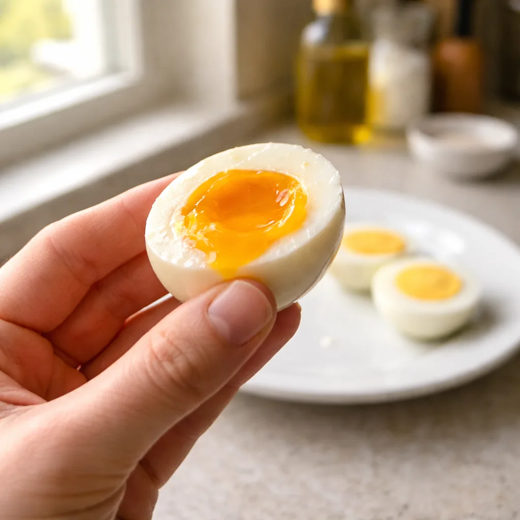hand-holding-jammy-boiled-egg-bright-kitchen-window how to boil eggs perfectly_Hand holding freshly boiled egg sliced open with jammy center near bright kitchen window
