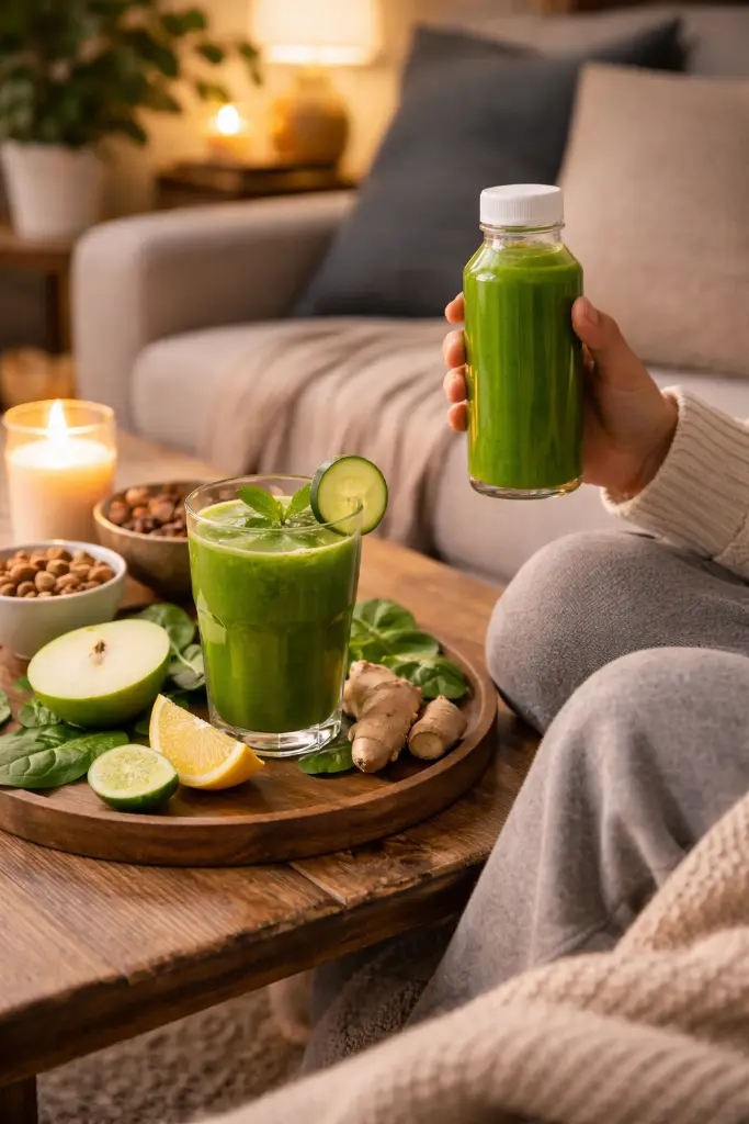 Alt Text: Hand holding a freshly made juice cleanse drink by a bright kitchen window Title: hand-holding-juice