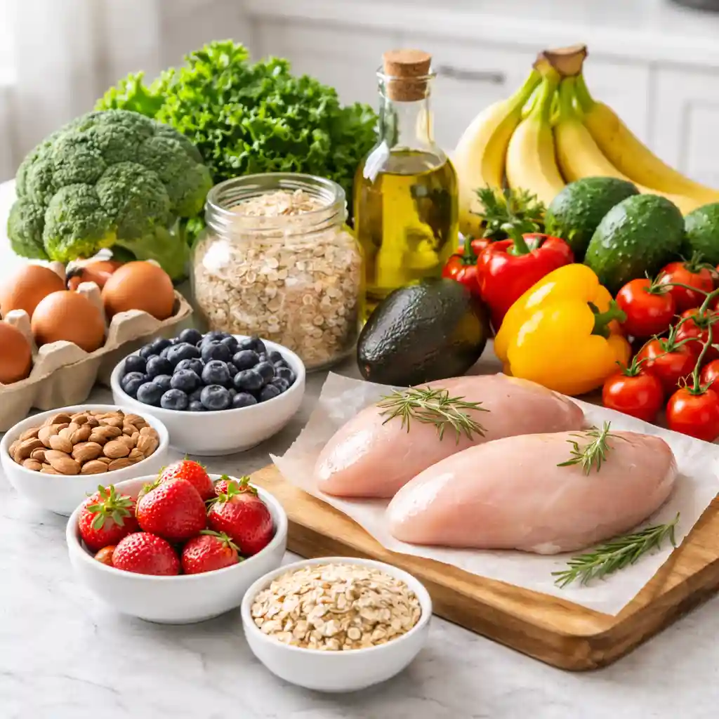 healthy-grocery-haul-whole-foods-fat-loss Calorie deficit meals_nutritious grocery haul with fresh vegetables, chicken breast, eggs, oats and olive oil for fat loss