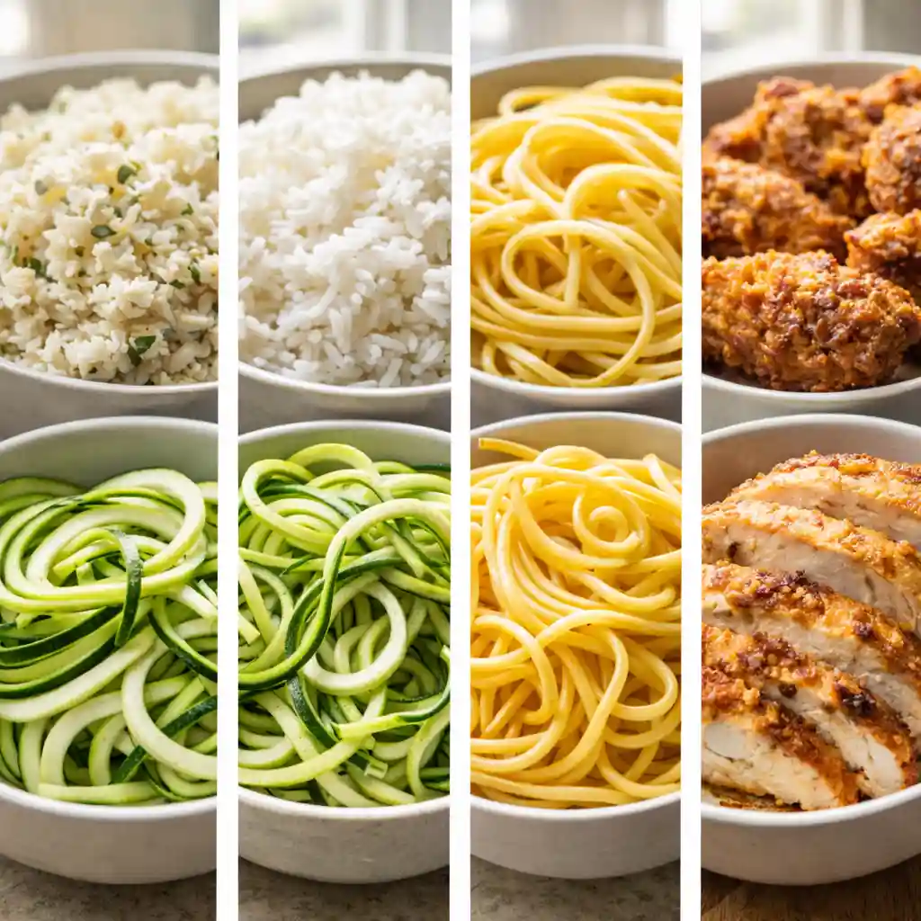 healthy-vs-traditional-food-swap-comparison Side by side comparison of cauliflower rice and white rice, zucchini noodles and pasta, baked chicken and fried chicken