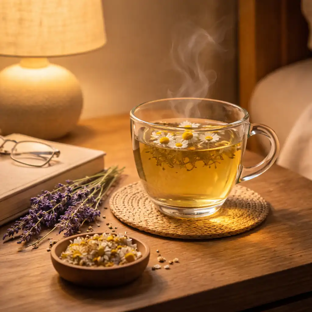 herbal-tea-benefits-featured-image Assorted herbal teas including chamomile, peppermint, ginger, and hibiscus in glass cups on wooden table