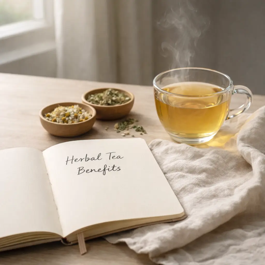 Glass teapot pouring chamomile and peppermint herbal infusion into cup