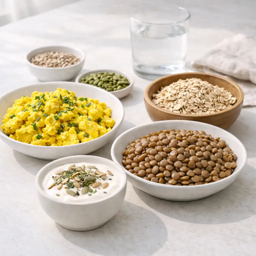 High-protein breakfast foods arranged on a kitchen table for weight loss