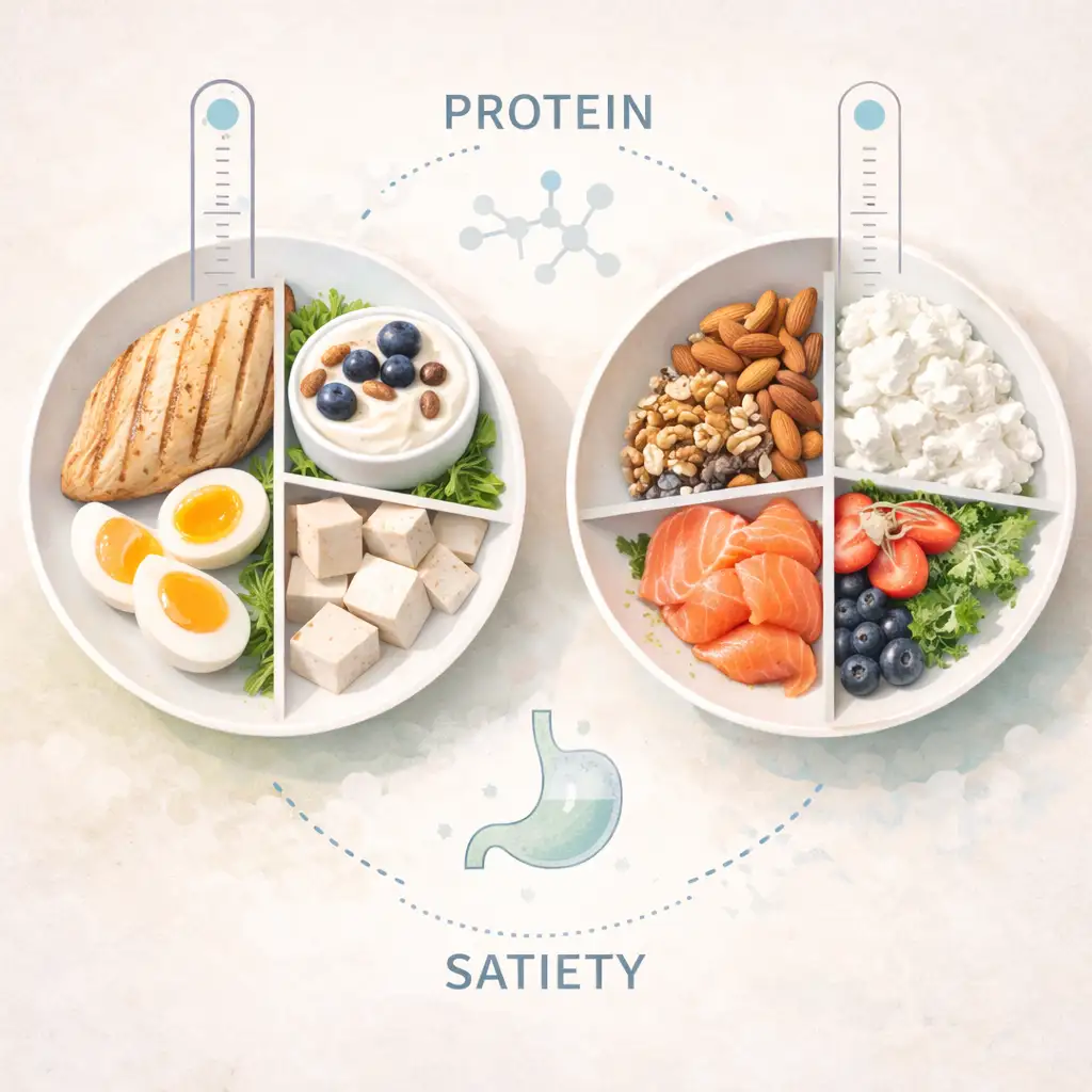 Flat lay of high-protein breakfast ingredients for weight loss