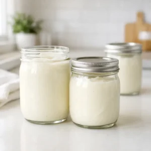 Close-up of glass jars filled with homemade yogurt on a bright kitchen counter in soft morning light