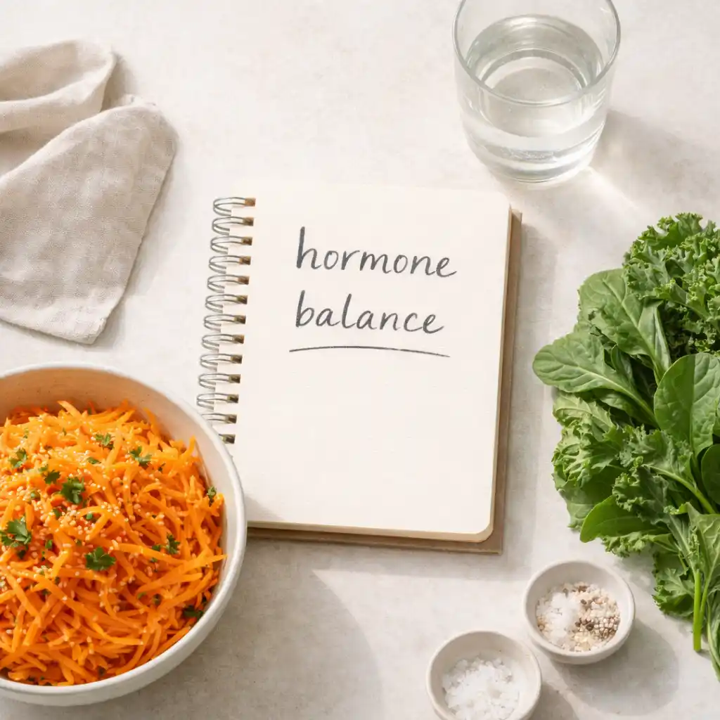 hormone-balance-wellness-flat-lay-raw-carrot-salad raw carrot salad hormone balance_Wellness flat lay with hormone balance notebook, shredded raw carrot salad, leafy greens and water glass