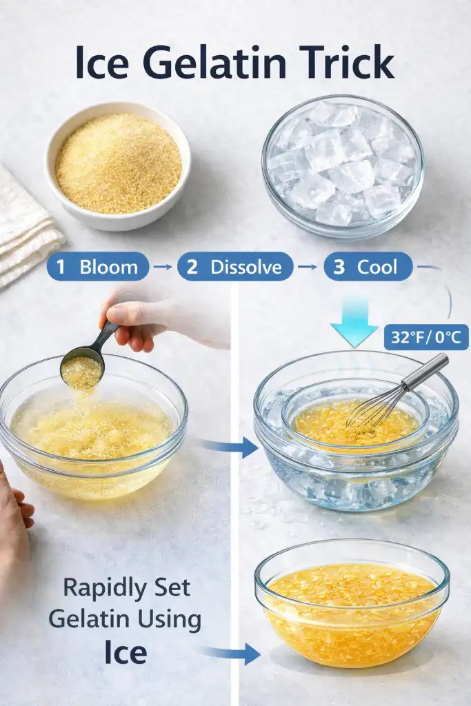 Pinterest-style vertical visual of Ice Gelatin Trick components and steps