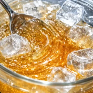 Hands demonstrating blooming and cooling gelatin with ice