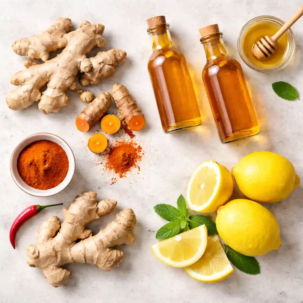 flat lay of immunity shot ingredients including ginger turmeric lemons cayenne pepper and apple cider vinegar on stone surface