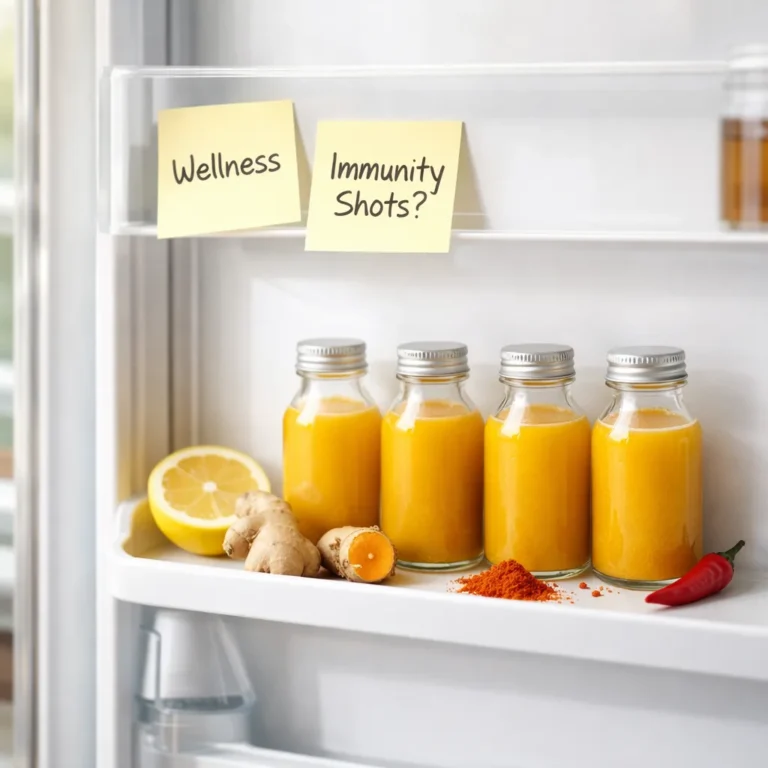 conceptual image of immunity shots wellness trend with small bottles arranged on a fridge shelf with fresh ingredients