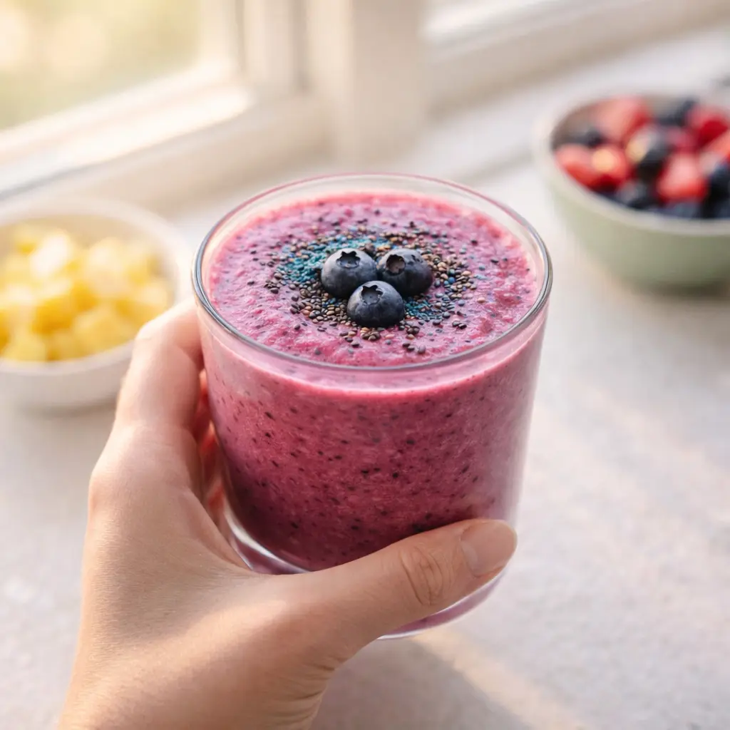 Cozy living room scene with someone holding a katseye smoothie