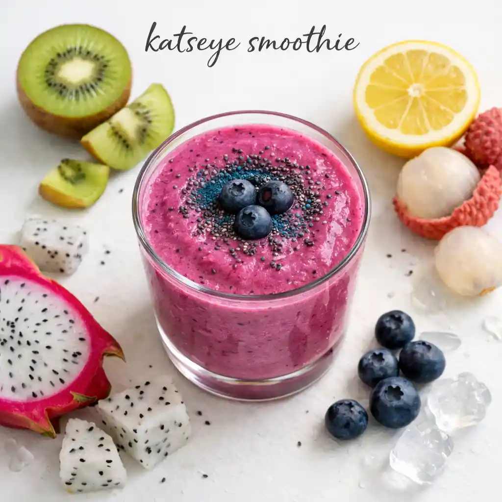 Featured katseye smoothie image with tropical fruits and almond milk