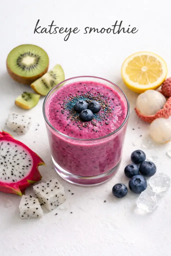 Vertical Pinterest-style katseye smoothie image with colorful fruits