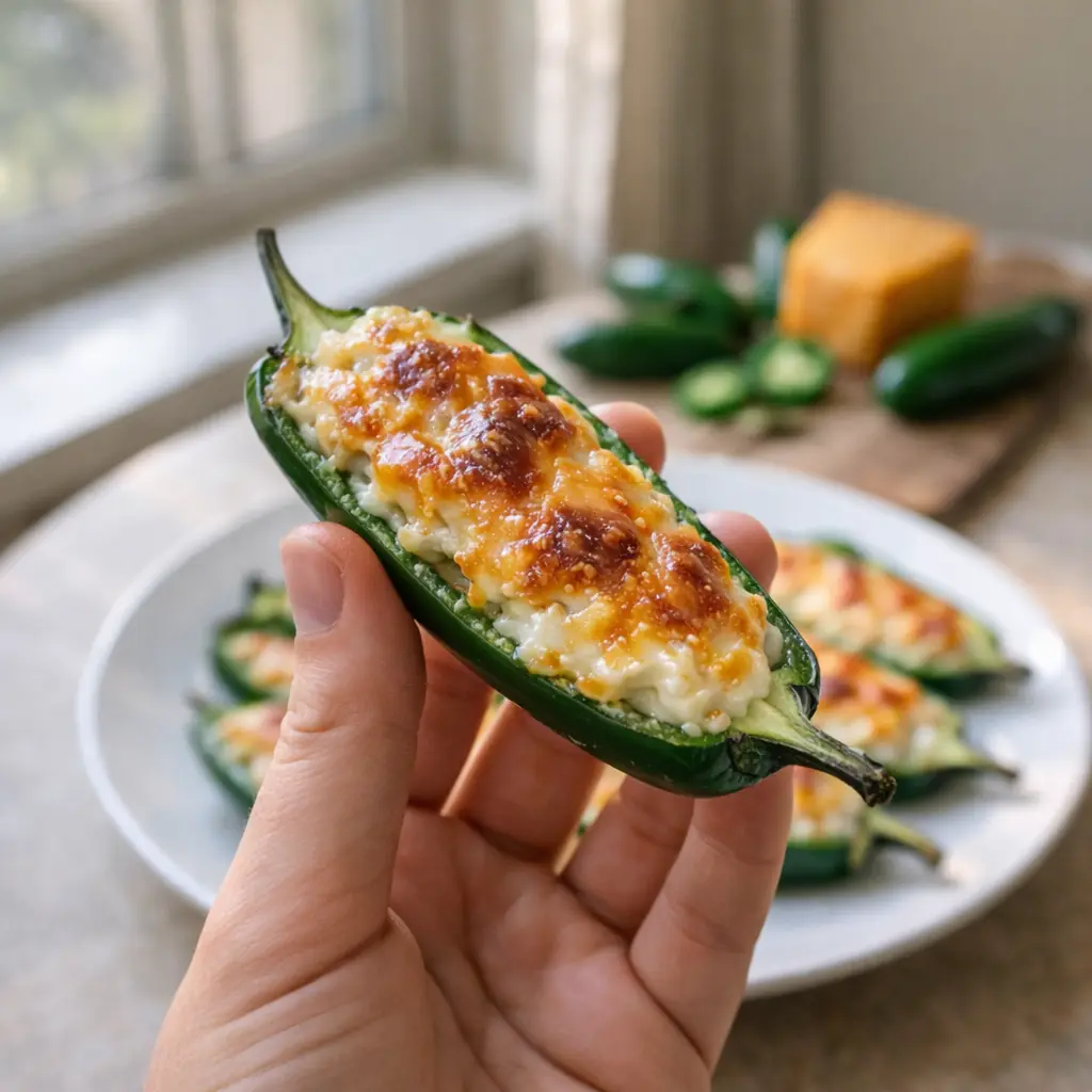Keto jalapeno poppers served on a white plate with fresh jalapenos