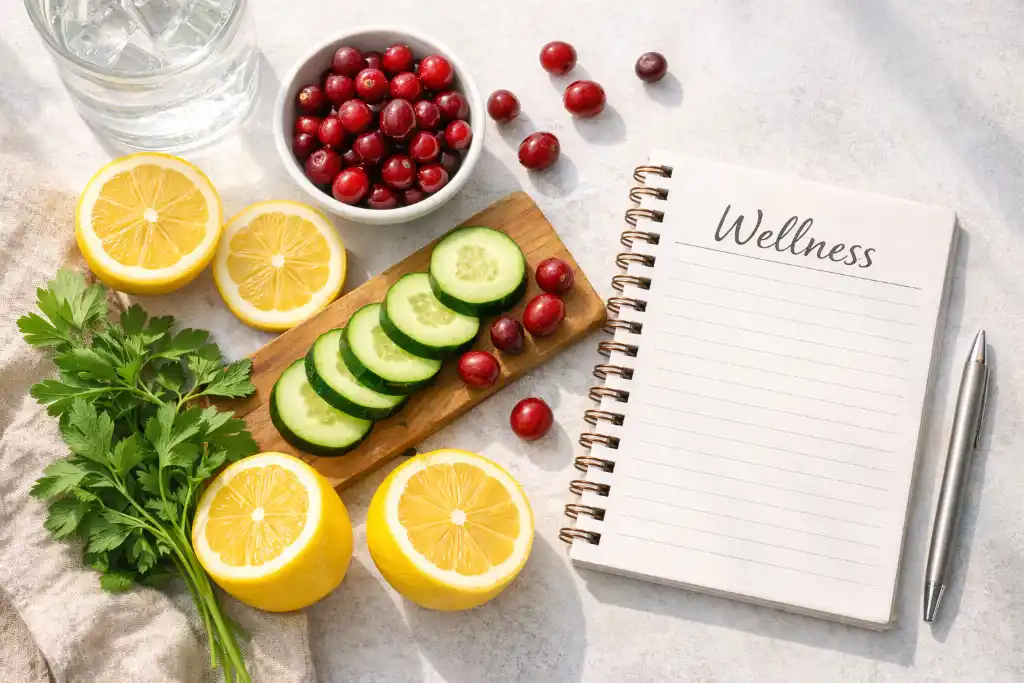 Ingredients of kidney cleanse juice arranged beside a hydration routine journal on a bright background