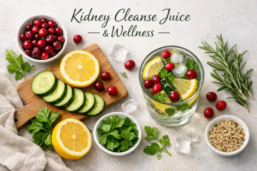 Clean editorial image showing lemons, cucumbers, cranberries, and herbs beside a wellness drink on a bright countertop