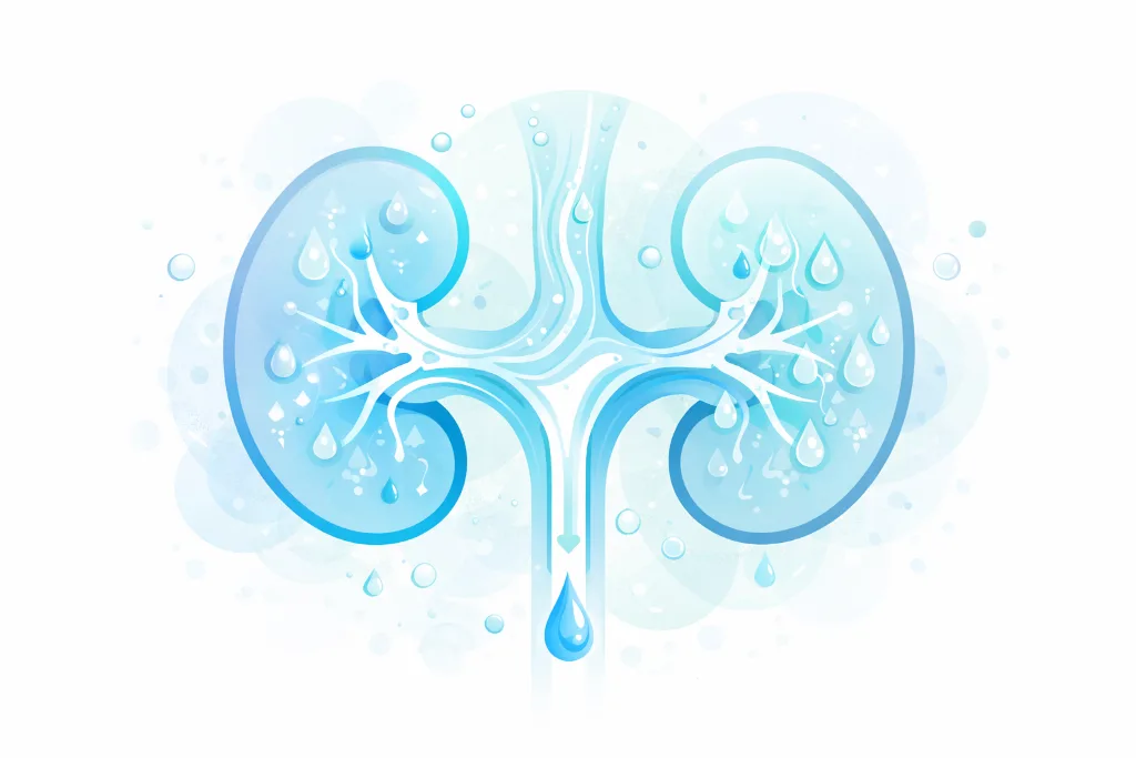 Abstract illustration of kidney function with flowing hydration lines in soft green and blue tones