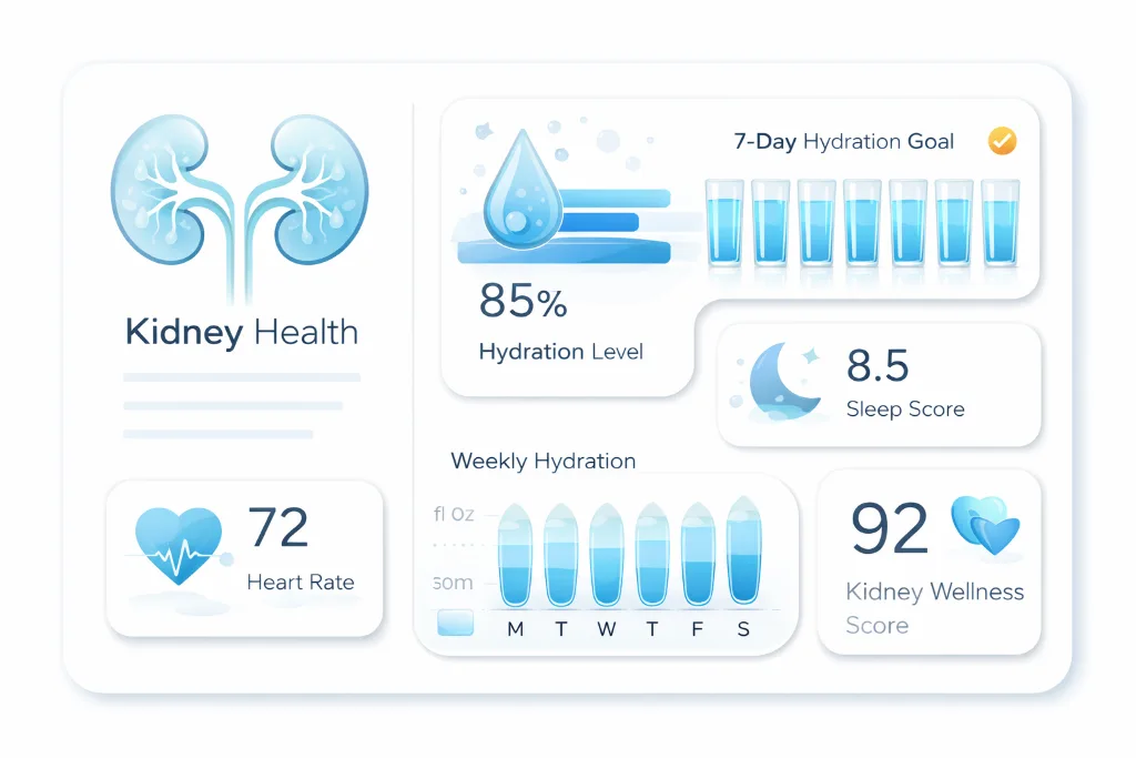 Futuristic wellness dashboard showing hydration and kidney function graphics