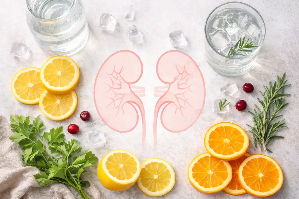 Flat-lay kidney wellness concept with hydration items and subtle anatomical kidney illustration