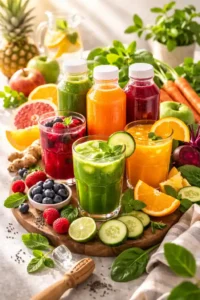 Alt Text: Person in a cozy cardigan holding green detox juice in a living room with ingredients on side table Title: living-room-juice