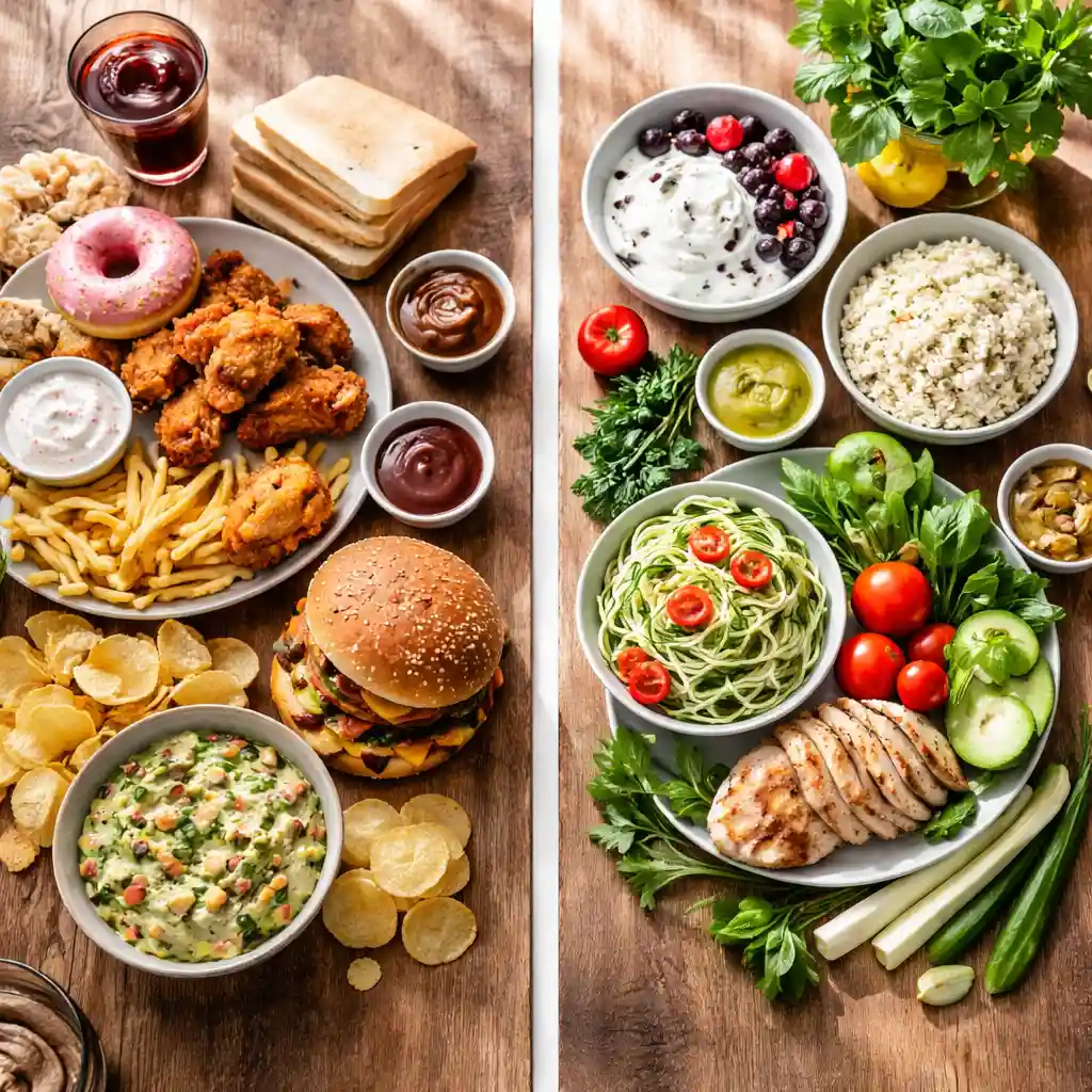 low-calorie-recipe-swaps-comparison Low calorie recipe swaps comparison of high calorie foods and lighter ingredient alternatives on kitchen table