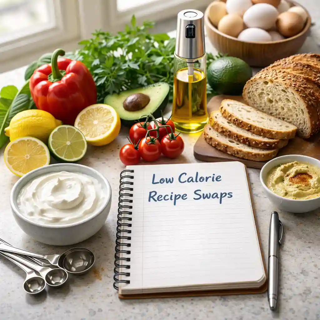 low-calorie-recipe-swaps-kitchen-counter-scene Bright kitchen counter with low calorie recipe swaps ingredients like Greek yogurt, whole grain bread, olive oil spray and fresh produce