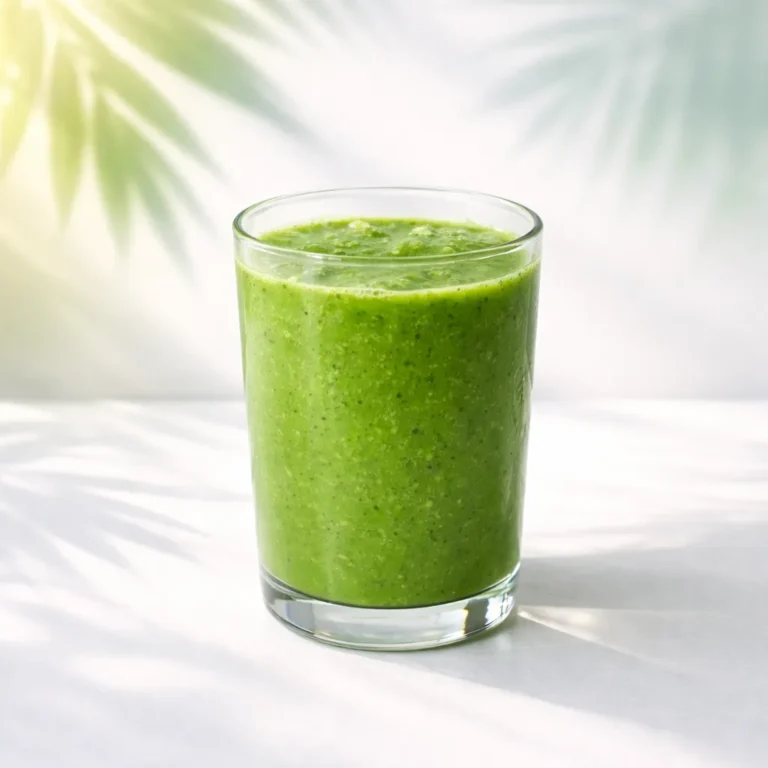 Luminous green smoothie glass with tropical light gradients and soft palm leaf shadows