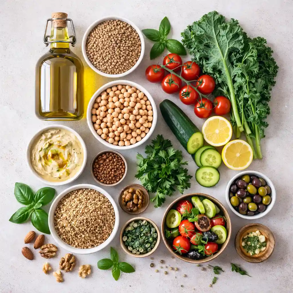 mediterranean-diet-ingredients-flat-lay Overhead flat lay of Mediterranean diet ingredients with olive oil, lentils, chickpeas, vegetables, herbs, and whole grains