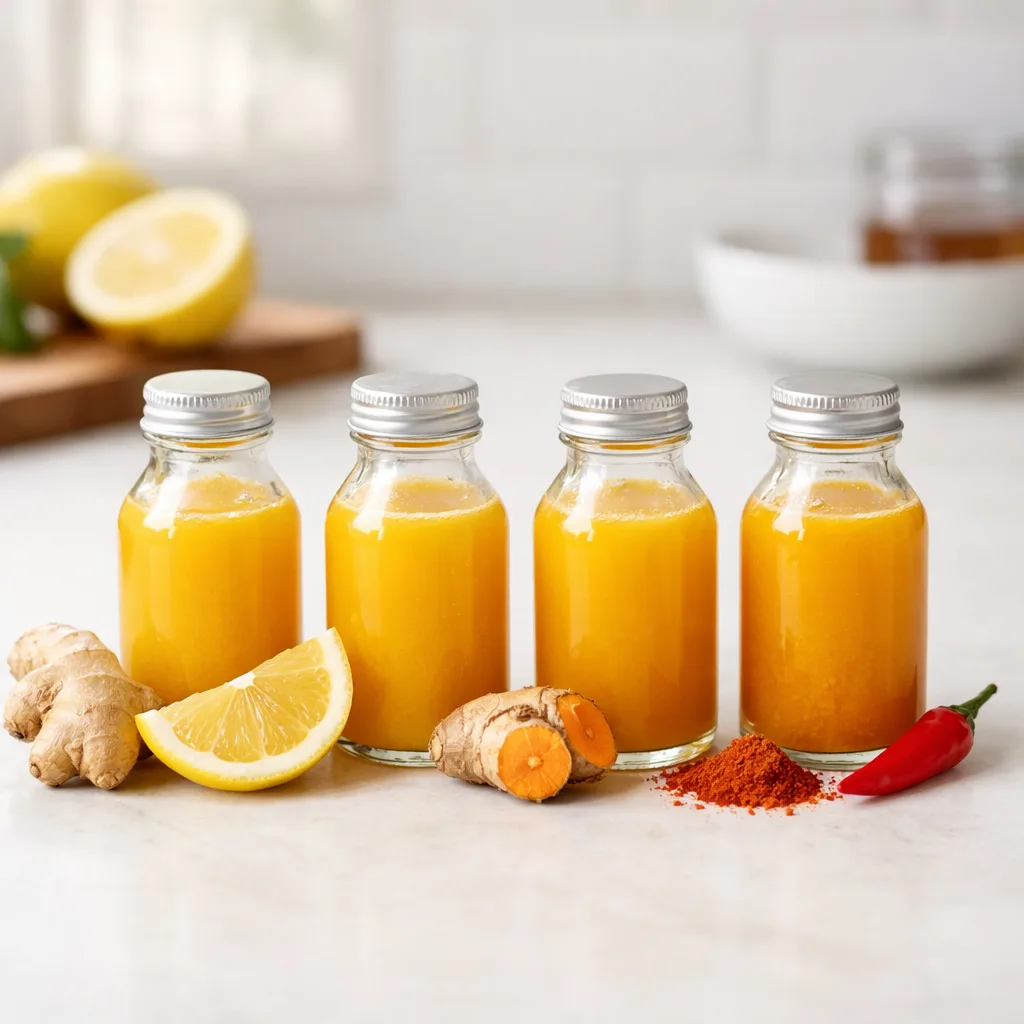 modern immunity shots trend photo showing small glass bottles of ginger turmeric lemon cayenne on a clean kitchen counter
