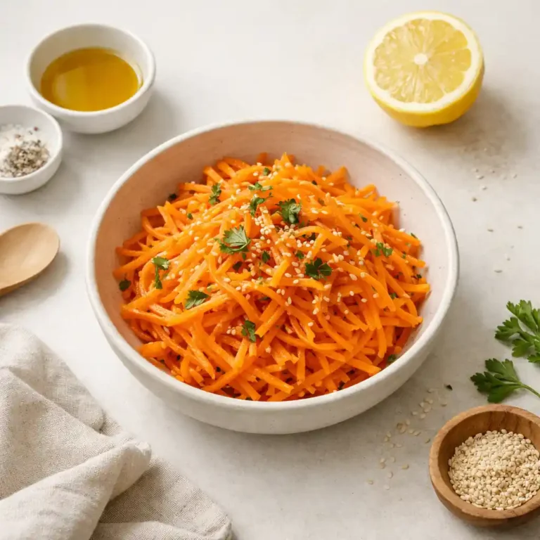 Flat lay of shredded raw carrot salad with olive oil and lemon in ceramic bowl on neutral kitchen counter