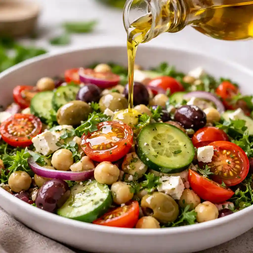 olive-oil-drizzle-mediterranean-salad-close-up Olive oil being drizzled over colorful Mediterranean salad with tomatoes, cucumbers, chickpeas, and fresh herbs